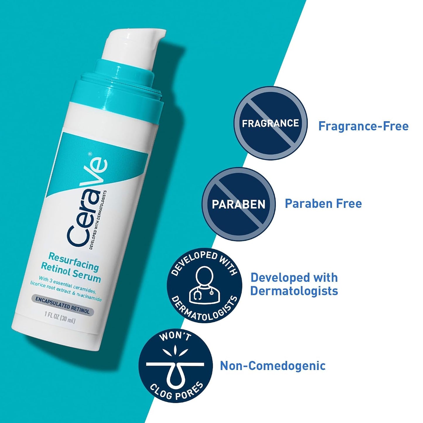 HOTCeraVe Resurfacing Retinol Serum For Post Acne Marks, Formulated With Licorice Root Extract & Niacinamide, Brightening Serum & Pore Minimizer For Face, Post Acne Skin Barrier Repair, Non-Comedogenic