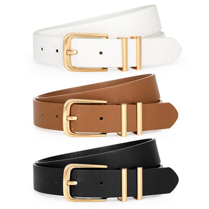 HOTLEACOOLKEY 3 Pack Women's Leather Belts for Jeans Dress Pants Fashion Ladies Leather Belts with Gold Buckle