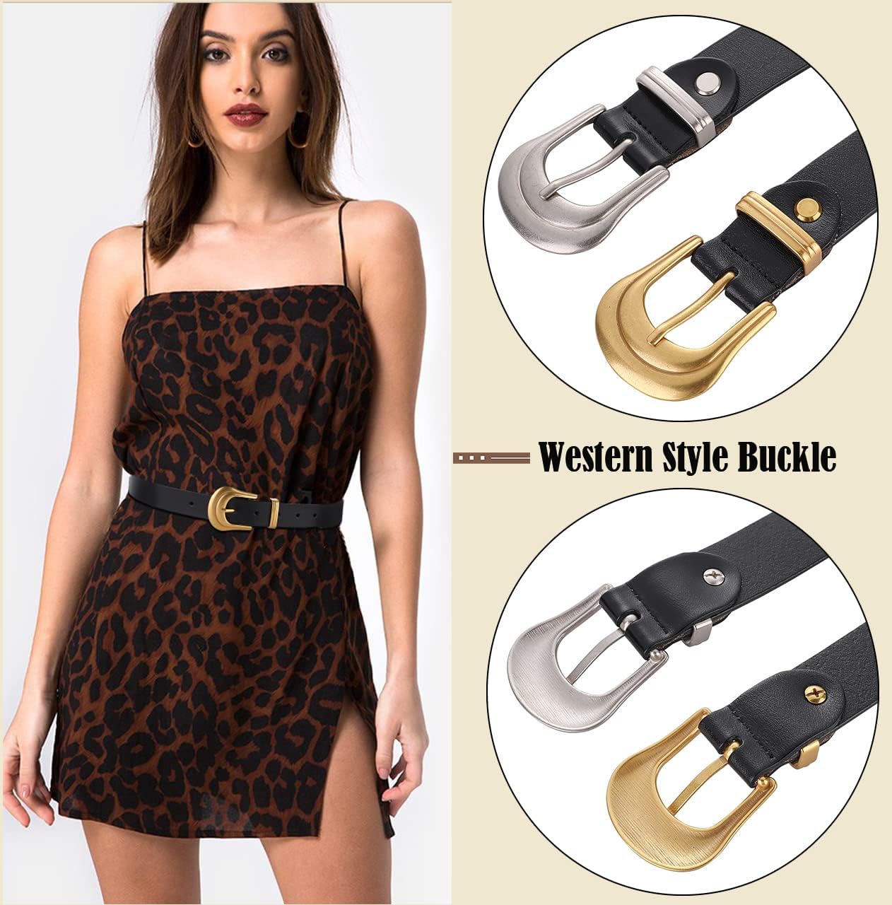 HOTALAIX Women's Belt Western Belts Silver Gold Buckle Black Leather Belt Pants Jeans Belts for Women