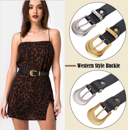 HOTALAIX Women's Belt Western Belts Silver Gold Buckle Black Leather Belt Pants Jeans Belts for Women