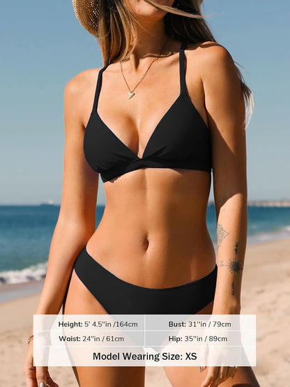 HOTCUPSHE Women's Triangle Bikini Set V Neck Two Piece Swimsuit Crossback | Bathing Suit, Removable Soft Cups, Crisscross Back Self Tie, Adjustable Straps, Mid Rise, Classic Coverage, Beach Vacation