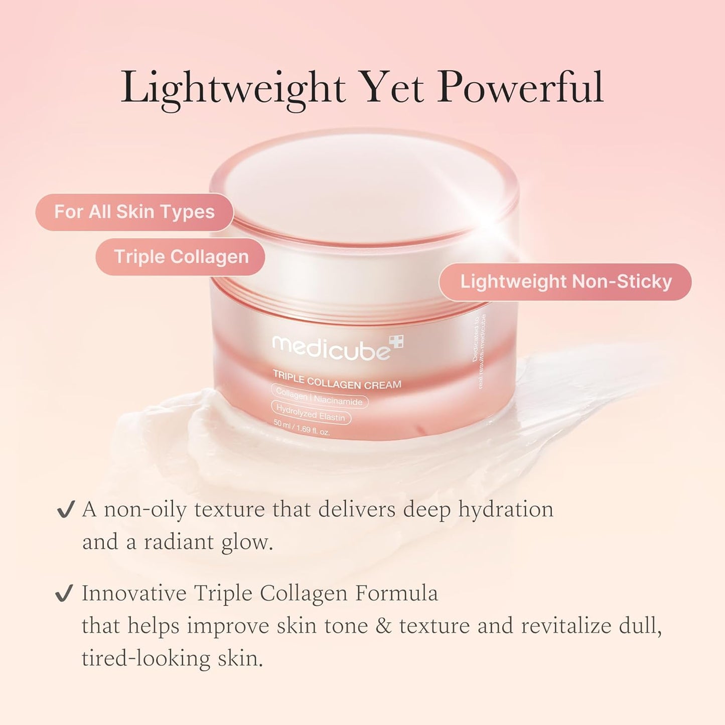 HOTmedicube Triple Collagen Cream - Hydrating & Firming Moisturizer with Hyaluronic Acid, Premium Elastin, Shea Butter - Wrinkle Care & Boosts Elasticity - Korean Skincare, 1.69 oz