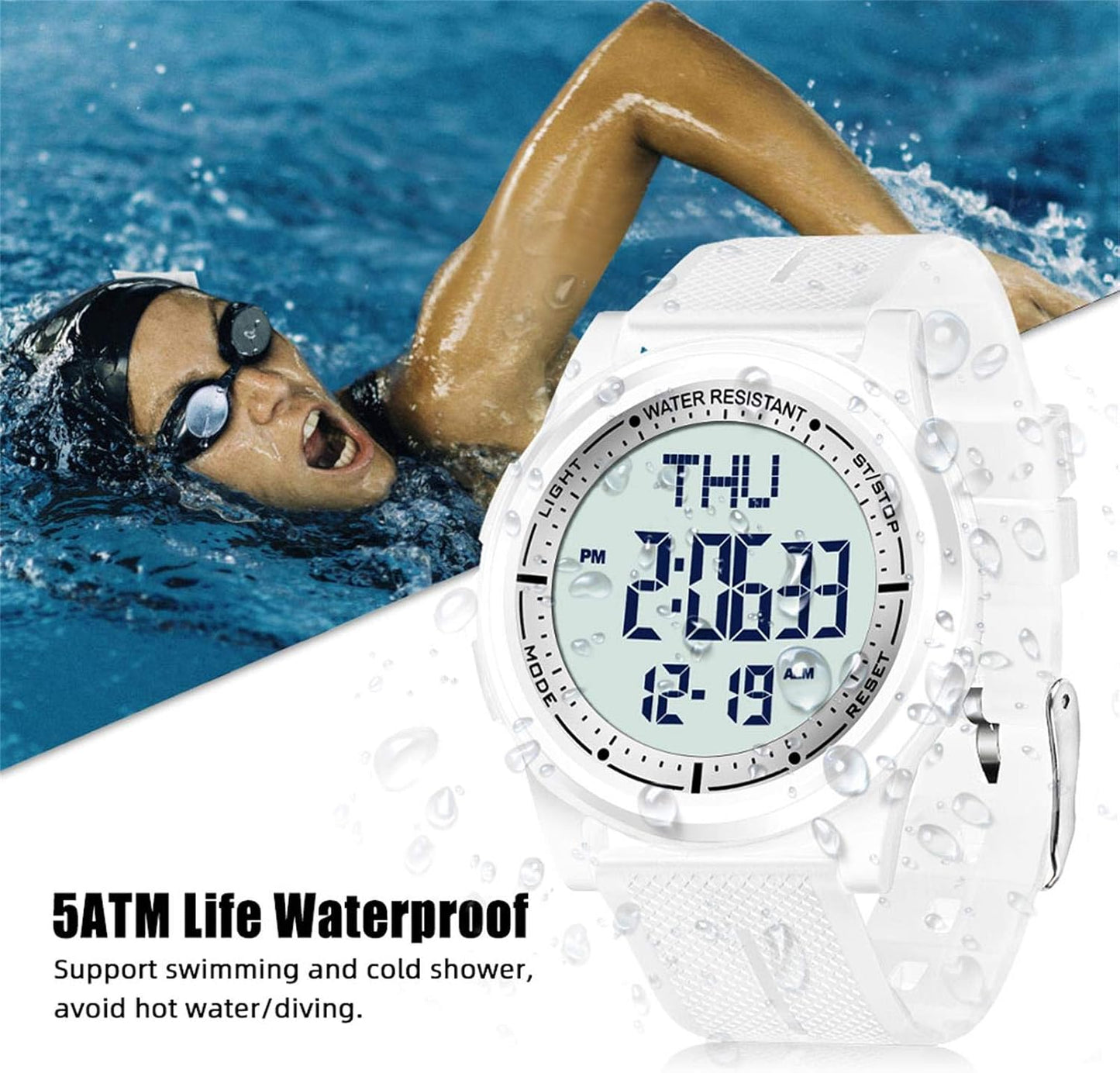 HOTBeeasy Digital Watch for Men Women, 50M Waterproof, Ultra-Thin & Lightweight, 44mm Silicone Sports Watch with Alarm, Stopwatch, Countdown, Ideal for Gym, Running, School, Daily Wear