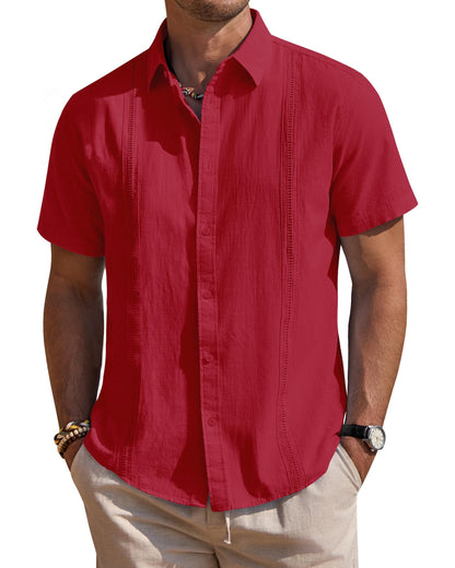 HOTMens Linen Textured Shirt Short Sleeve Button Down Cuban Guayabera Shirt | 100% Cotton, Casual Wear, Lightweight Breathable, Summer Beach, Untucked, Relaxed Fit, Vacation, Cruise, Camp, Collared