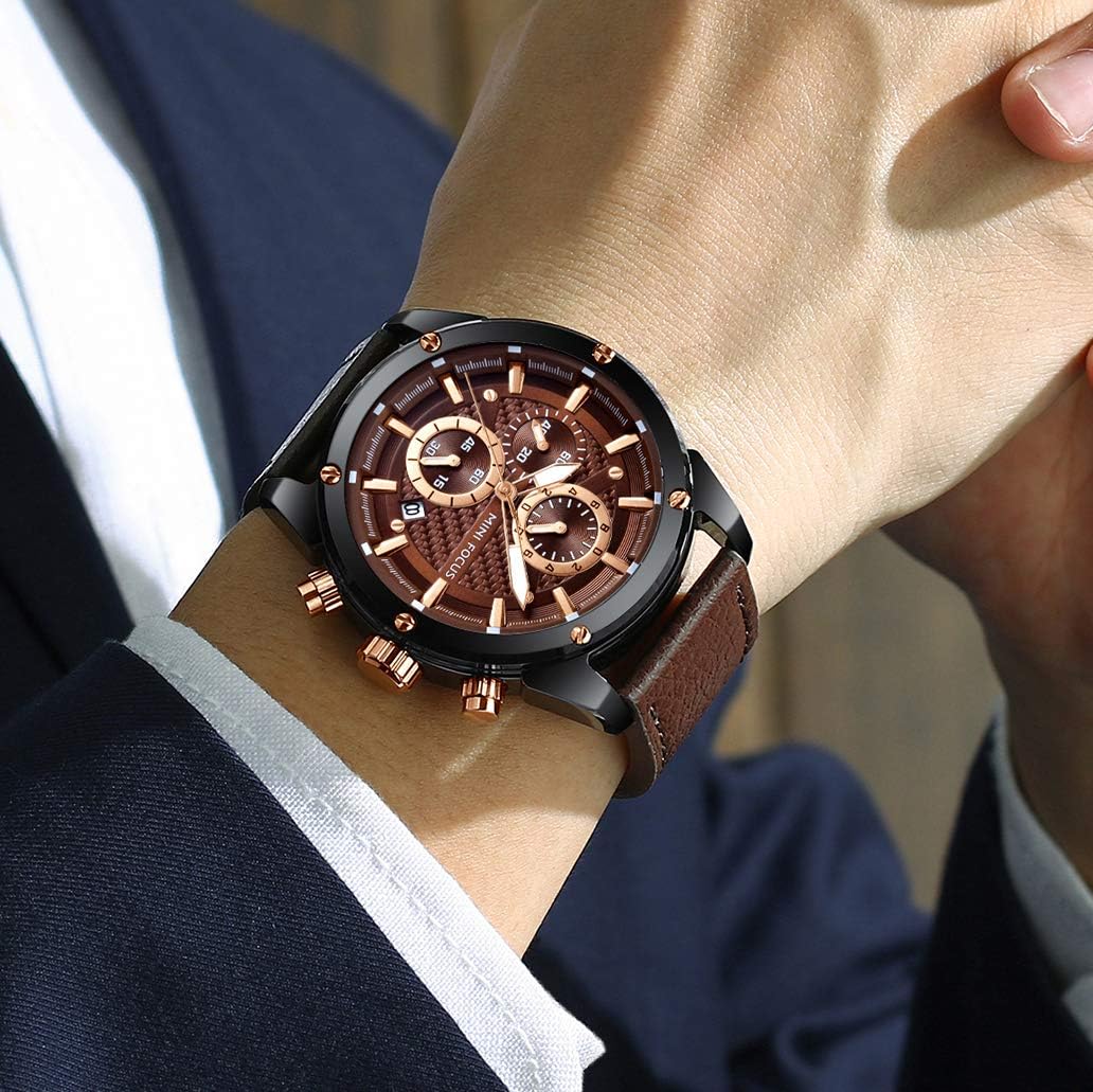 HOTMINI Focus Men Watches Business Casual Wrist Watches (Multifunction/Waterproof/Luminous/Calendar) Genuine Leather Band Fashion Watch for Men