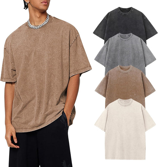 HOTGihuo 4 Pack Oversized Tshirts for Men Acid Wash T-Shirts Vintage Heavyweight Shirt Cotton Tees