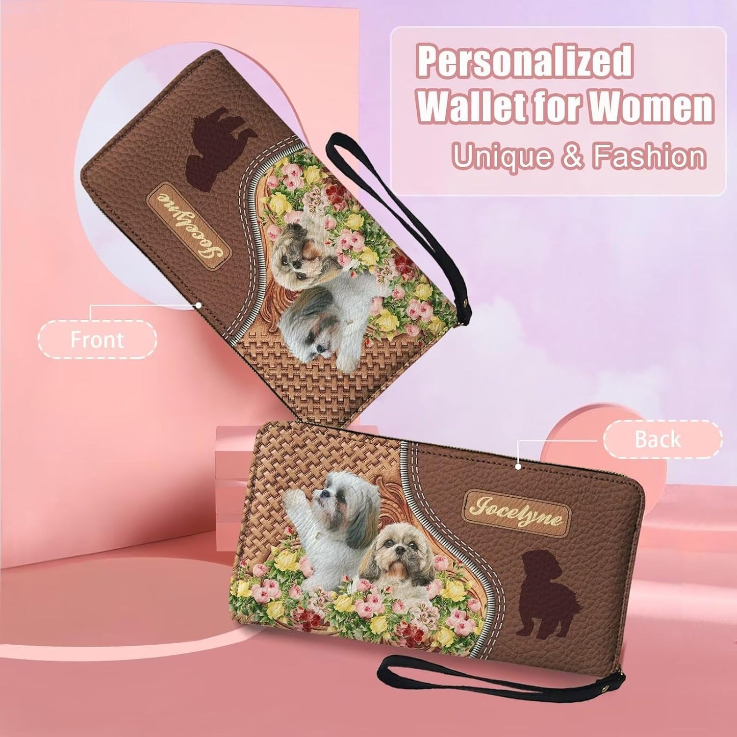 HOTTuoxiukan Personalized Wallets for Women Floral Shih Tzu Wallet Purse with Wristlet Custom Name Wallets Zipper Clutch Card Organizer Cash Coin Pouch Handbags for Mom Pu Leather Phone Case