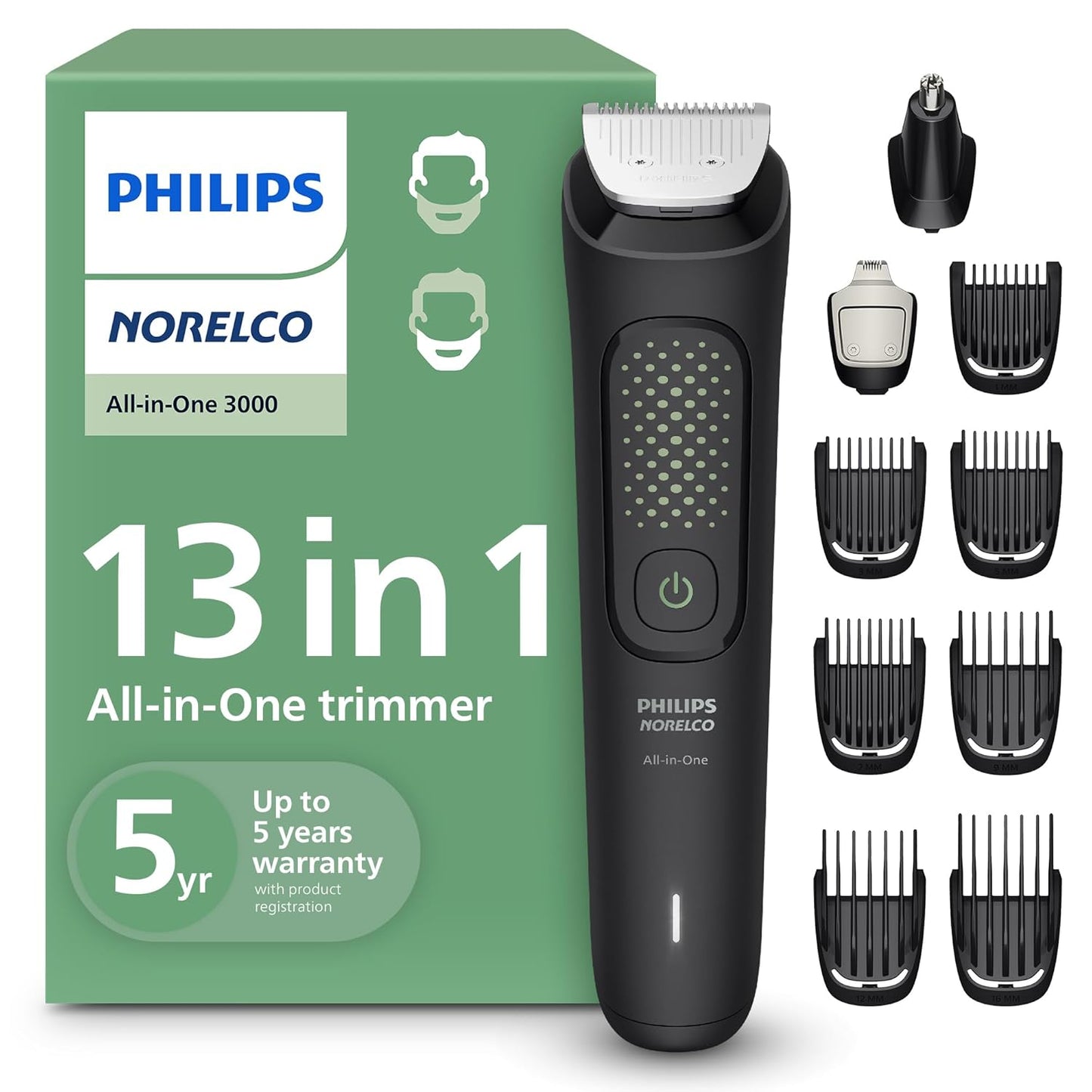 HOTNorelco Philips All-in-One 3000 Series 13 in 1 Trimmer for Men, Beard Trimmer & Head Hair Clipper, Full Metal Self-Sharpening Blades & 8 Length Settings, MG3939/50