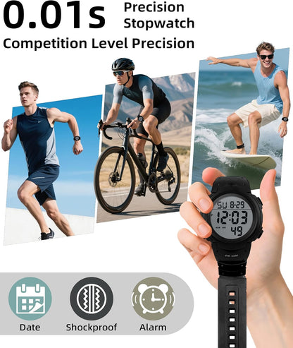 HOTCakCity Men's Digital Sports Watch,50M Water Resistant,50mm Large Face,Stopwatch,Alarm,EL Backlight,Black,Ideal for Sport,Referee,Outdoor Work,Running Training & Daily Wear