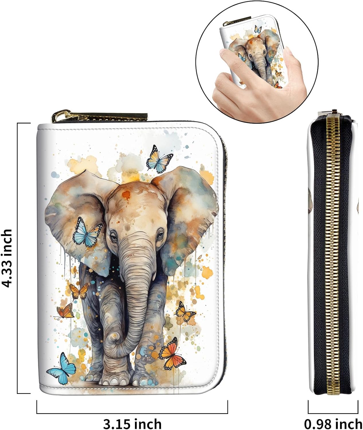 HOTSmall Wallet for Women Credit Card Holder,RFID Leather Business Card Case Wallet with Zipper Design for Women Men Gifts-Butterflies and Elephants