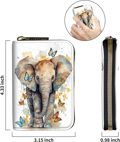 HOTSmall Wallet for Women Credit Card Holder,RFID Leather Business Card Case Wallet with Zipper Design for Women Men Gifts-Butterflies and Elephants
