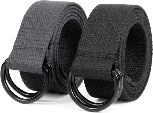 HOTJASGOOD Men Canvas Belt Web Fabric Casual Belt with Black Double D-ring 1 1/2" Wide Set of 2
