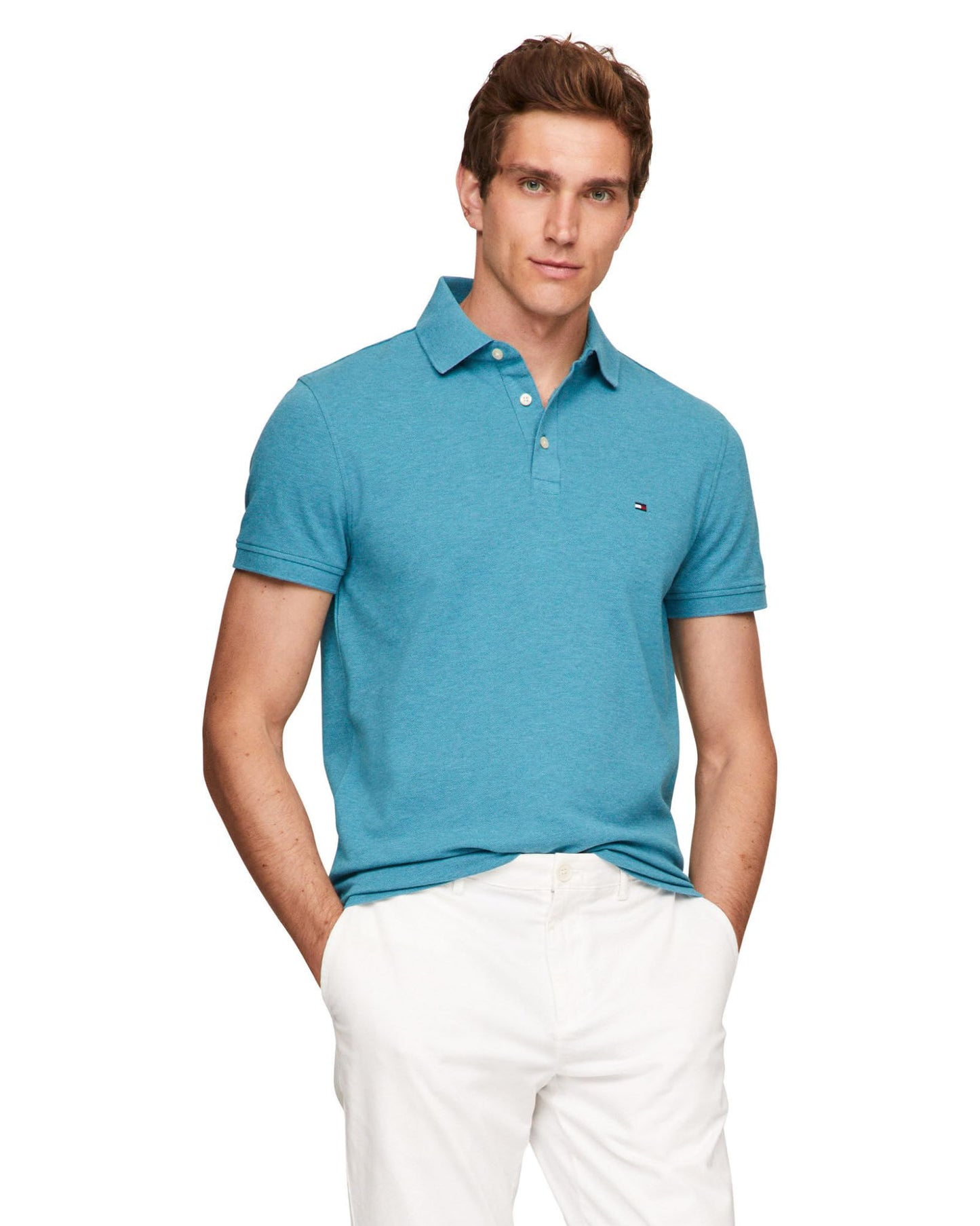 HOTTommy Hilfiger Men's Short Sleeve Polo Shirts in Slim Fit with Stretch and Organic Pique Cotton