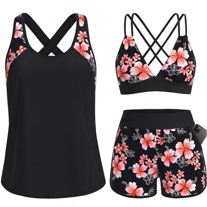 HOTWomen's 3 Piece Tankini Swimsuit Tummy Control with Bra Pocket Boy Shorts | Modest Bathing Suit, Athletic Style, Strappy-Back Support, High-Waist Fit, Built-In Brief, Side Pockets, Beach Swim Days