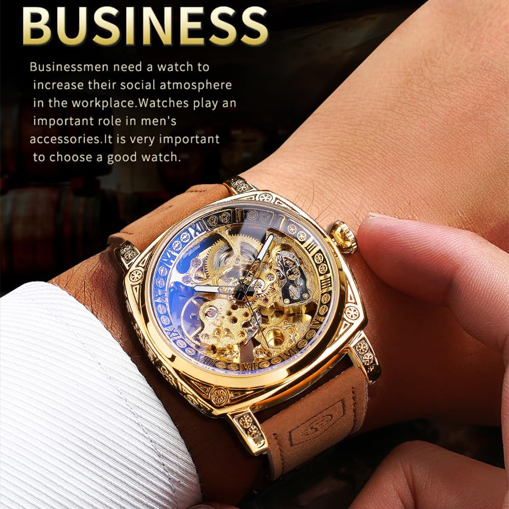 HOTFORSINING Watches for Man, Square Retro Mechanical Watch Self-Wind Carved, Skeleton Automatic Watches Vintage Leather Strap Wristwatch