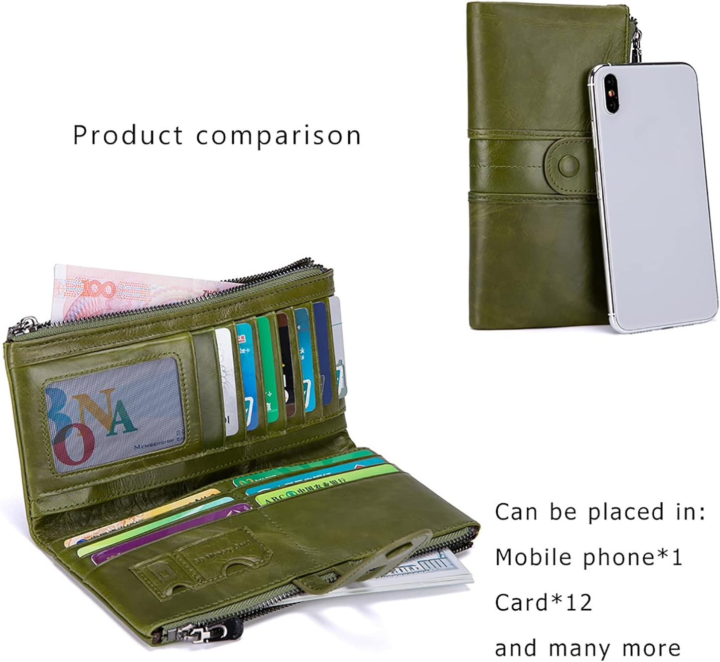 HOTmyfriday Ladies RFID Genuine Leather Wallet, Bifold Long Clutch Card Holder | 12 card slots, photo slot, bill pockets, memory-card slot and back zipper keep cash and cards slimly organized