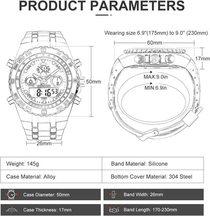 HOTGOLDEN HOUR Luxury Military Sports Men's Watches Large Size Big Face 3ATM Waterproof, Stopwatch, Date and Date, Alarm, Luminous Digital Analog Wrist Watch with Rubber Band