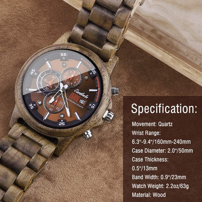 HOTEmibele Wooden Watch for Men, Date Display Chronograph Quartz Wrist Watch, 3 Sub-dials Handmade Light Weight Luminous Watch - Walnut