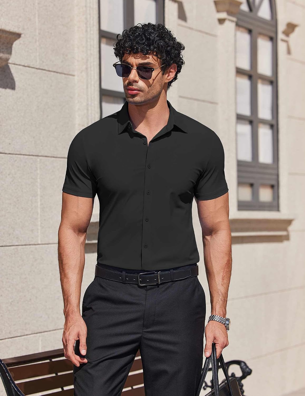 HOTCOOFANDY Mens Muscle Fit Dress Shirts Stretch Wrinkle Free Short Sleeve Button Down Shirt Casual Solid Untucked Shirt