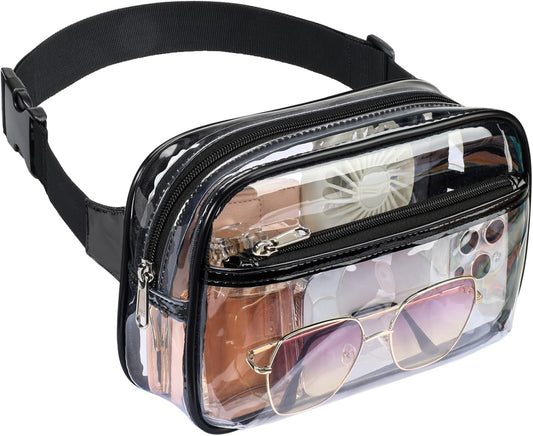 HOTPackism Clear Fanny Pack Stadium Approved - Large Size 35-51 inches Adjustable Strap Clear Belt Bag for Women Men Transparent Waist Bag for Concerts, Sporting Events, Black | Adjustable 35-51 in Strap, Hands-Free, 2 Easy-Access Pockets, Water-Resistant
