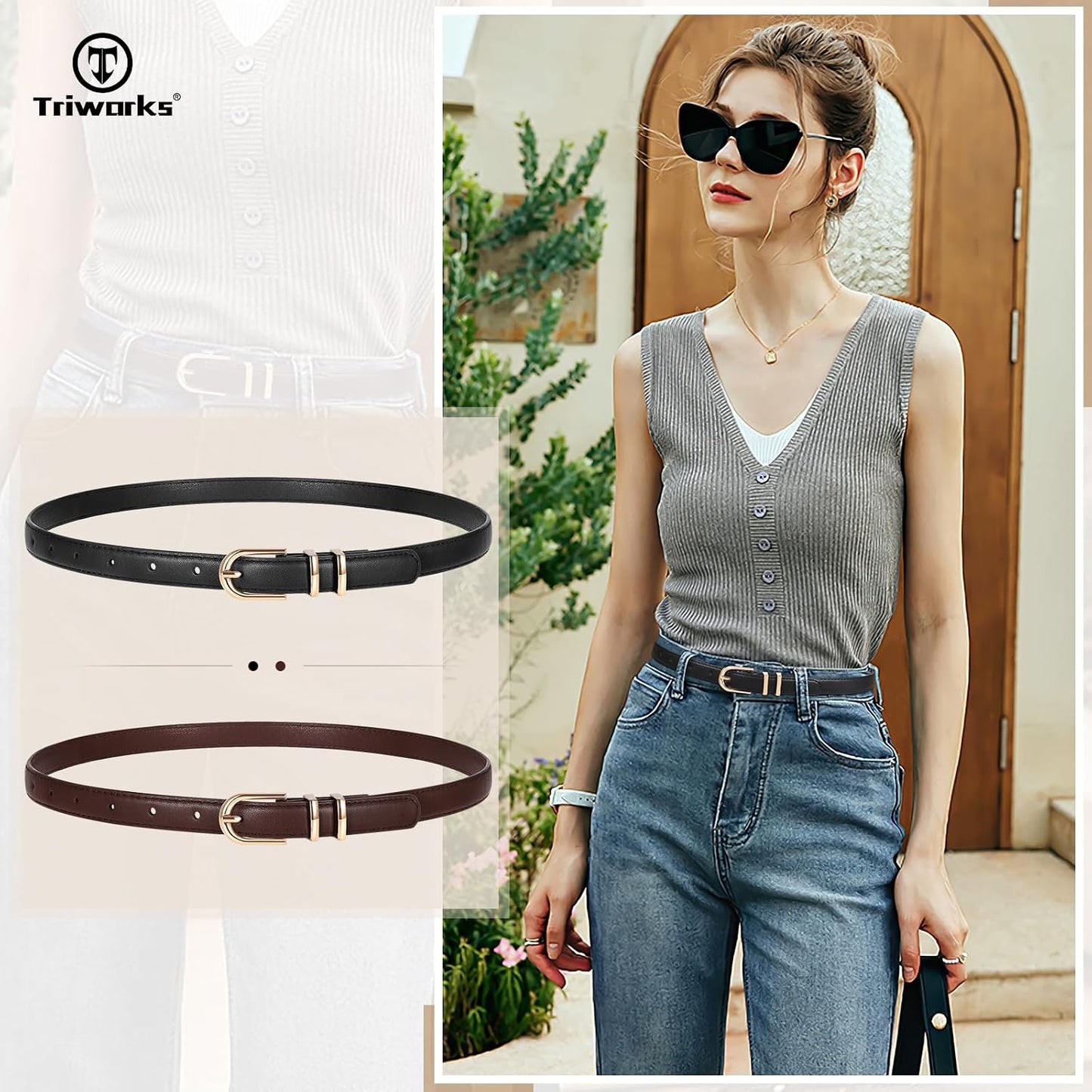 HOTTRIWORKS 2 Pack Women Skinny Leather Belts for Jeans Pants Thin Faux Leather Belt with Gold Buckle