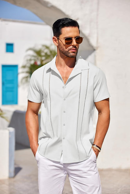 HOTCOOFANDY Men's Cuban Guayabera Shirt Short Sleeve Button Down Shirts Casual Summer Beach Linen Shirts