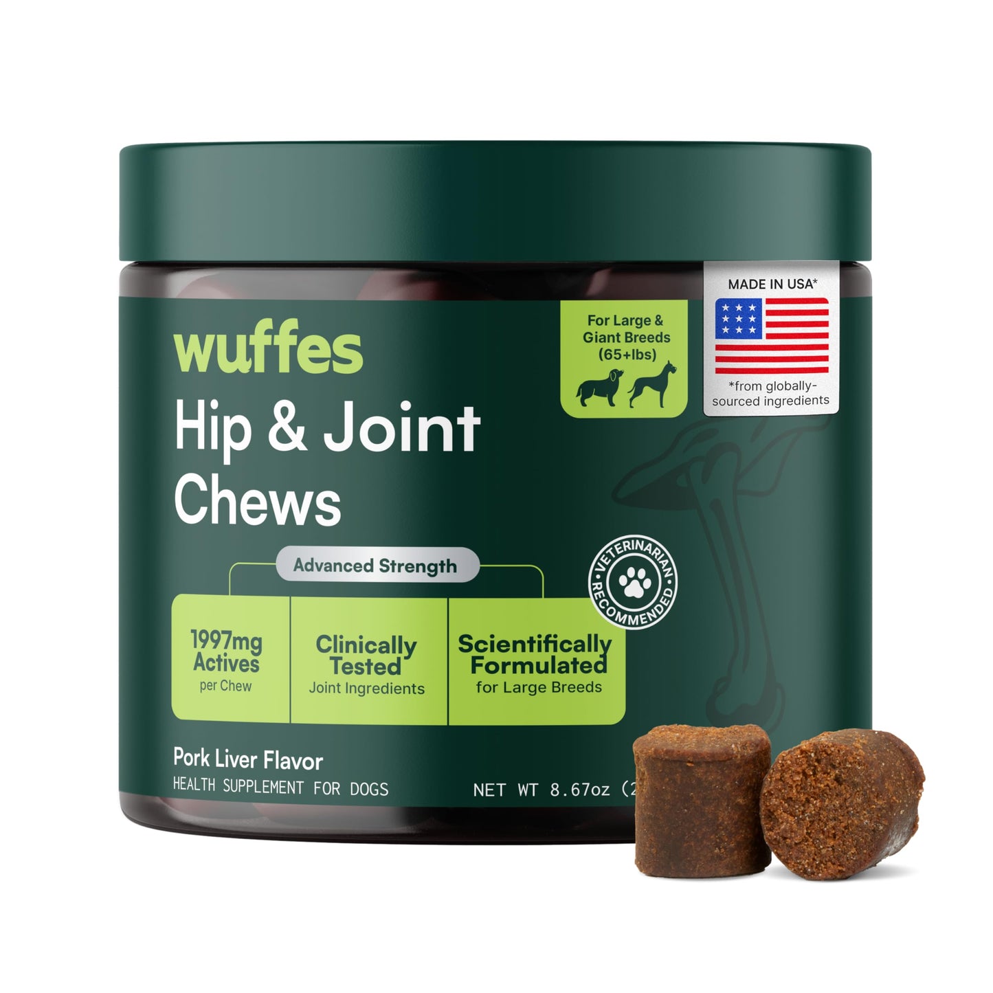 HOTWuffes Advanced Dog Hip and Joint Supplement with Glucosamine, Chondroitin, Omega 3, MSM, and Green Lipped Mussel, 60 Pork Flavored Chews for Small and Medium Dog Breeds