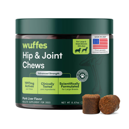HOTWuffes Advanced Dog Hip and Joint Supplement with Glucosamine, Chondroitin, Omega 3, MSM, and Green Lipped Mussel, 60 Pork Flavored Chews for Small and Medium Dog Breeds