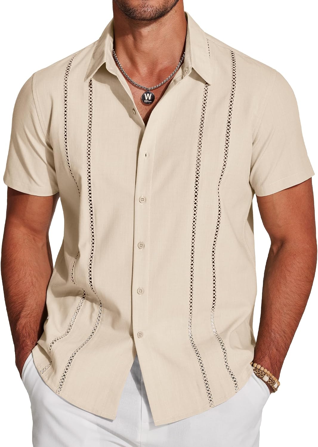 HOTCOOFANDY Men's Cuban Guayabera Shirt Short Sleeve Button Down Shirts Casual Summer Beach Linen Shirts
