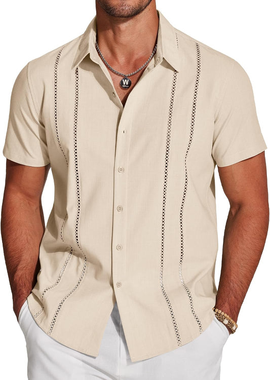 HOTCOOFANDY Men's Cuban Guayabera Shirt Short Sleeve Button Down Shirts Casual Summer Beach Linen Shirts