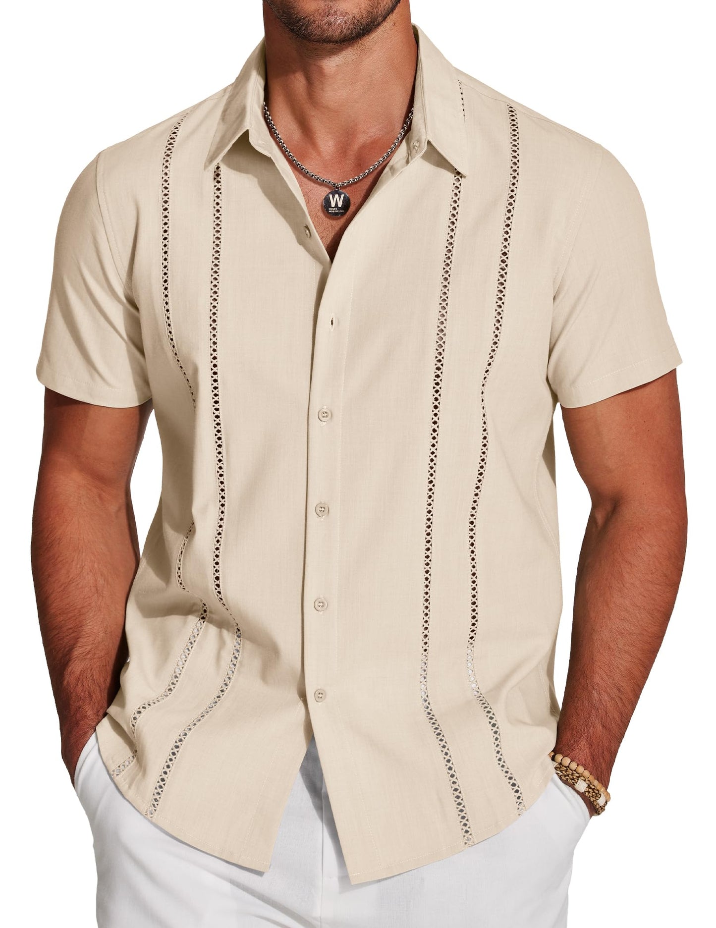HOTCOOFANDY Men's Cuban Guayabera Shirt Short Sleeve Button Down Shirts Casual Summer Beach Linen Shirts