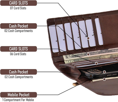 HOTGenuine Leather Wallets for Women 2024 RFID Blocking Ladies Large Trifold Slim Clutch Brown Wallet for Women - 13 Card Slots, 4 Cash Slots - Fits iPhone 14