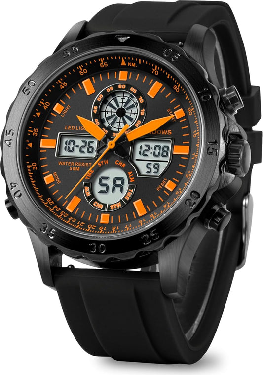 HOTPINDOWS Mens Digital Analog Watches, Multifunction Sport Casual | Dual time display, bright night backlight, daily alarm, precision stopwatch, and splash-proof construction