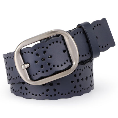 HOTJASGOOD Women's Hollow Flower Genuine Leather Belt for Jeans Pants Wide Belt for Ladies