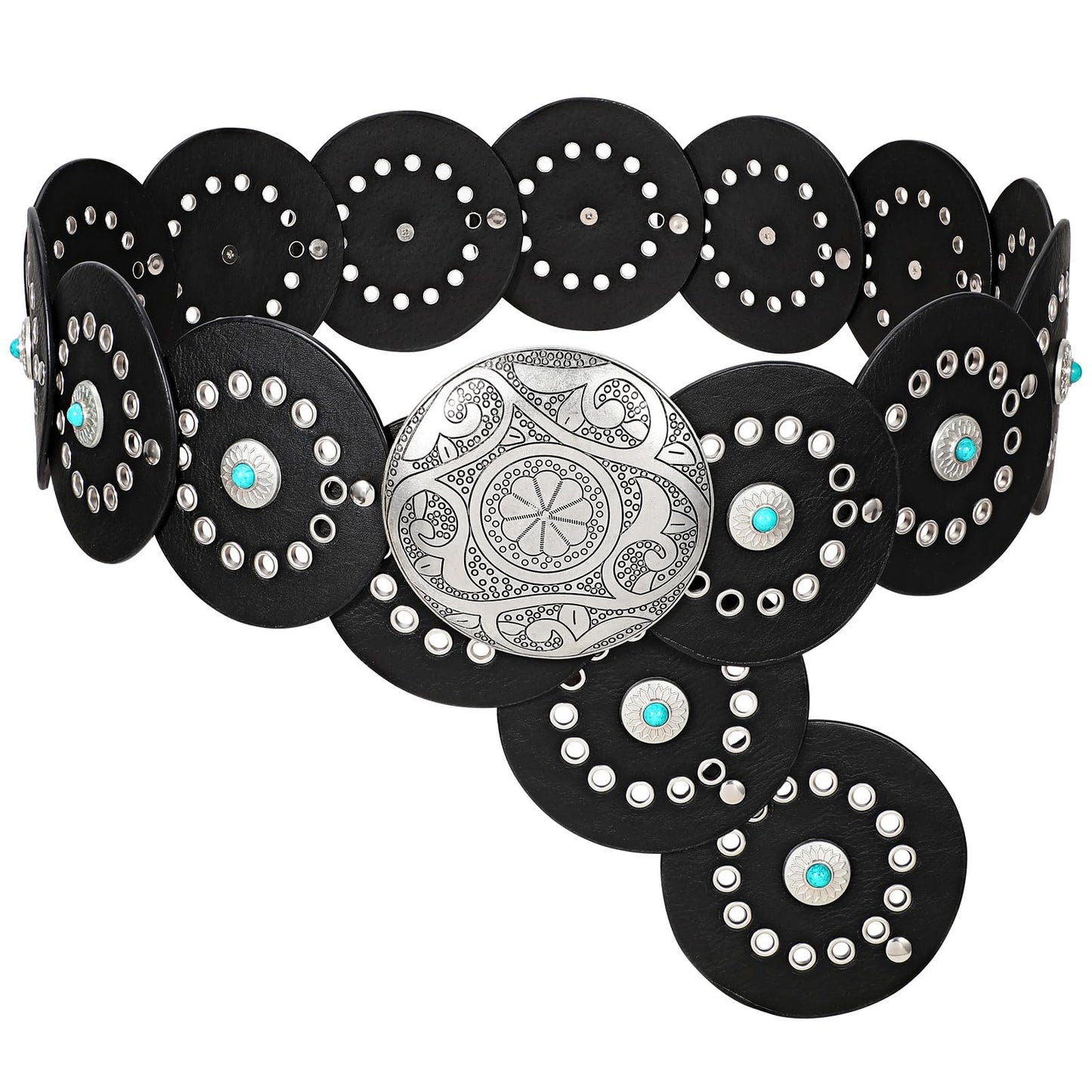 HOTXZQTIVE Western PU Leather Belts for Woman Concho Cowgirl Cowboy Disc Belt for Ladies Wide Boho Country Waist Belts for Dress