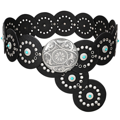 HOTXZQTIVE Western PU Leather Belts for Woman Concho Cowgirl Cowboy Disc Belt for Ladies Wide Boho Country Waist Belts for Dress
