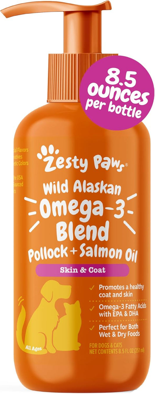 HOTZesty Paws Wild Alaskan Omega-3 Blend Pollock + Salmon Oil for Dogs and Cats- Skin and Coat Support, Omega 3 Supplement for Pets, 8.5oz