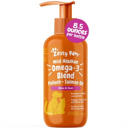 HOTZesty Paws Wild Alaskan Omega-3 Blend Pollock + Salmon Oil for Dogs and Cats- Skin and Coat Support, Omega 3 Supplement for Pets, 8.5oz