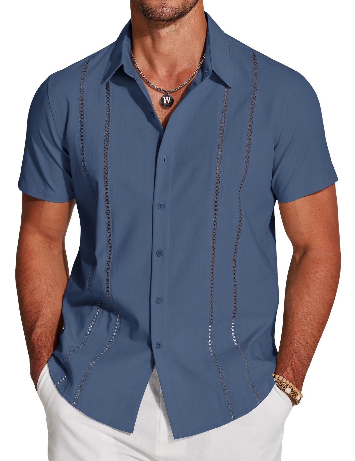 HOTCOOFANDY Men's Cuban Guayabera Shirt Short Sleeve Button Down Shirts Casual Summer Beach Linen Shirts