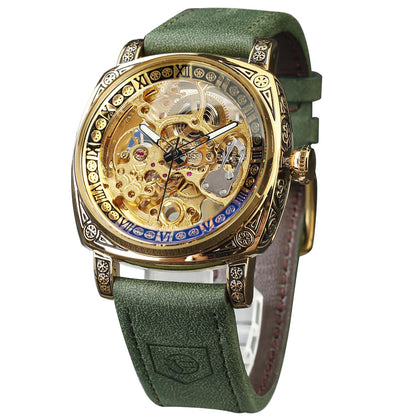HOTFORSINING Watches for Man, Square Retro Mechanical Watch Self-Wind Carved, Skeleton Automatic Watches Vintage Leather Strap Wristwatch