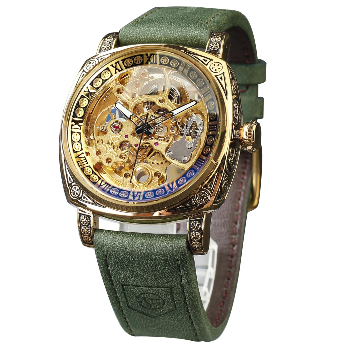HOTFORSINING Watches for Man, Square Retro Mechanical Watch Self-Wind Carved, Skeleton Automatic Watches Vintage Leather Strap Wristwatch