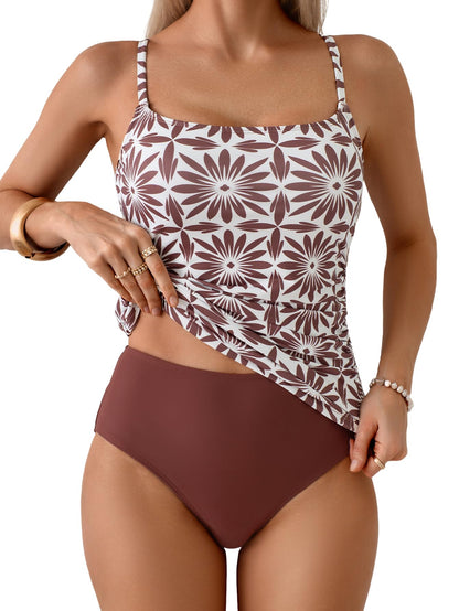 HOTEomenie Women Tankini Two Piece High Waisted Tummy Control Ribbed Swimsuits | Full Coverage Slimming Swim Suits, Square neck, Adjustable Spaghetti Straps, Removable Soft Padded Bra,Beach Pool Vacation