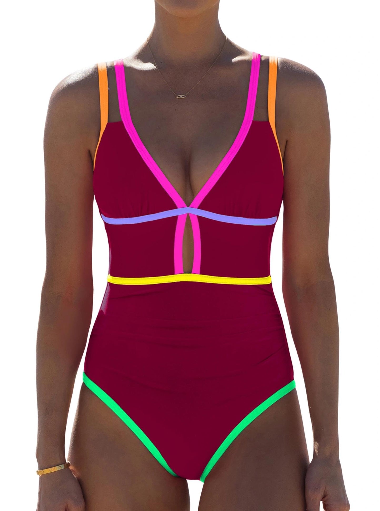 HOTpopvil Women One Piece Swimsuit 2026 Neon Tummy Control Bathing Suit | Tummy Ruched Design, Color Block, Cutout Design, Deep V Neck, Back tie,Adjustable Straps, Neon Trim,Vacation,Beach