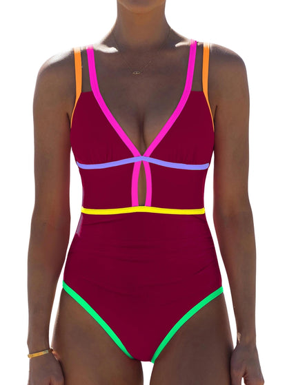 HOTpopvil Women One Piece Swimsuit 2026 Neon Tummy Control Bathing Suit | Tummy Ruched Design, Color Block, Cutout Design, Deep V Neck, Back tie,Adjustable Straps, Neon Trim,Vacation,Beach