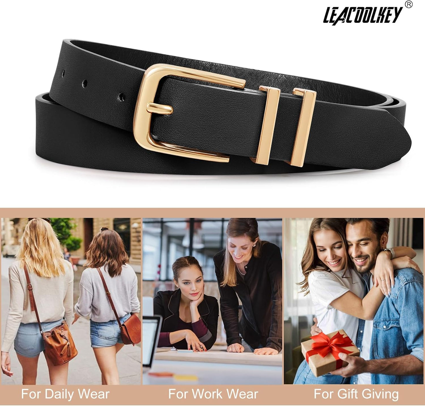 HOTLEACOOLKEY 3 Pack Women's Leather Belts for Jeans Dress Pants Fashion Ladies Leather Belts with Gold Buckle