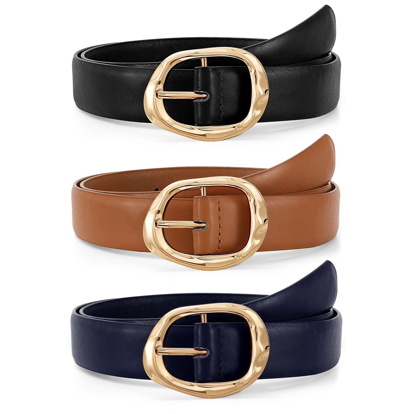 HOTJASGOOD 3 Pack Women Belts for Jeans Pants Ladies Leather Waist Belt Casual Fashion Trend Belt for Women with Gold Buckle