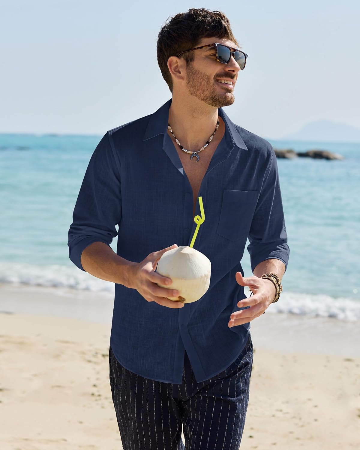 HOTAlimens & Gentle Mens Cotton Linen Textured Shirt Long Sleeve Button Down Shirts Casual Summer Beach Wedding Tops with Pocket