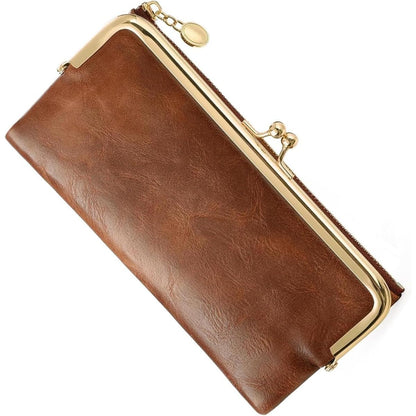 HOTCharming Vintage Inspired Genuine Leather Kiss Lock Clutch Purse for Women with Spacious Bifold Card Organization (Pink)