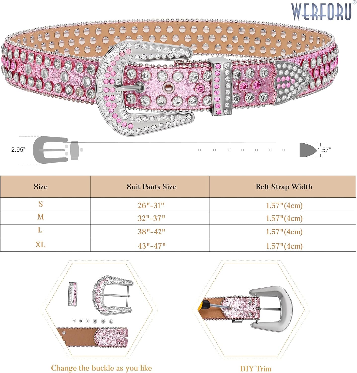 HOTWERFORU Women Men Western Rhinestone Studded Leather Belt Unisex Bling Cowgirl Cowboy Waist Belt for Jeans Pants Dress