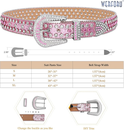 HOTWERFORU Women Men Western Rhinestone Studded Leather Belt Unisex Bling Cowgirl Cowboy Waist Belt for Jeans Pants Dress